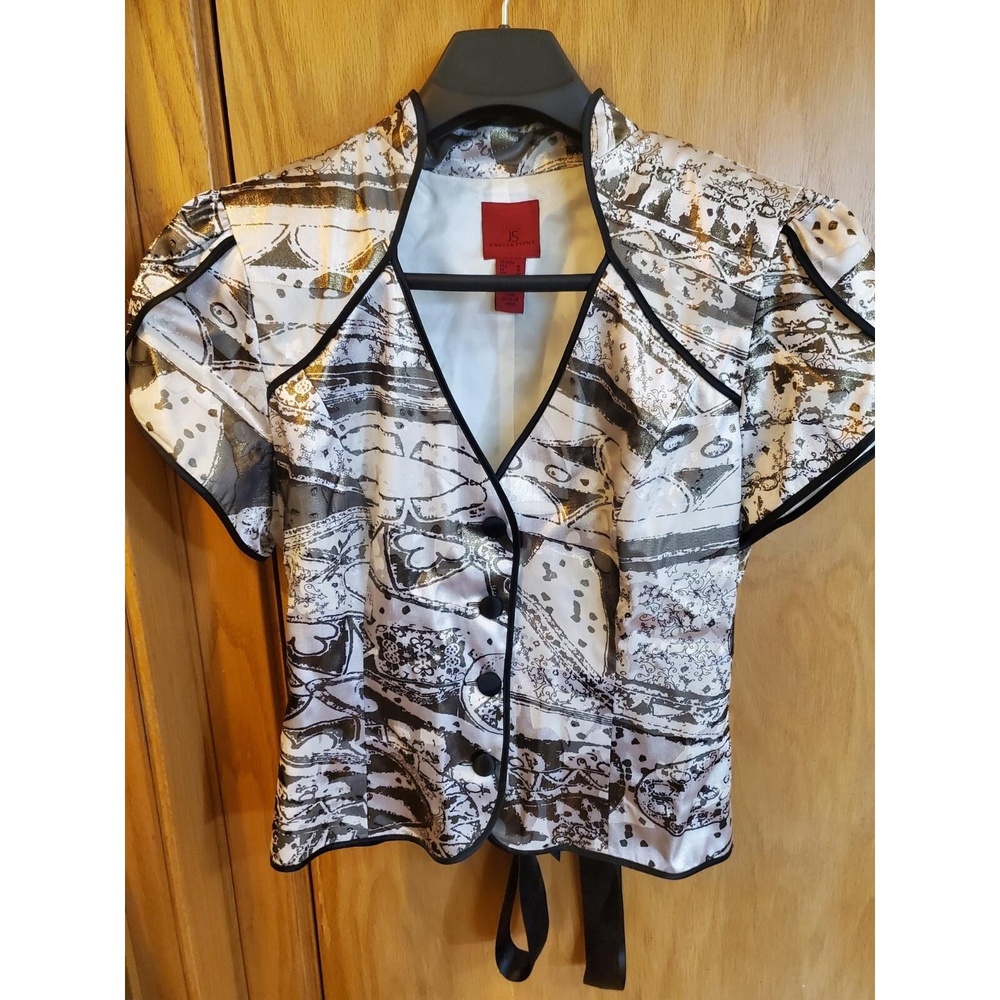 JS Collection Womens Blouse Size 16 Beige Brown Button Front Black Ribbon Belt